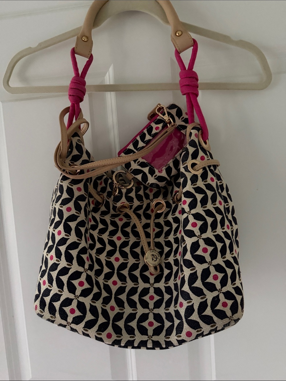 Spartina 449 Canvas Pattern Drawstring Tote with Pink Accents & Change Wallet